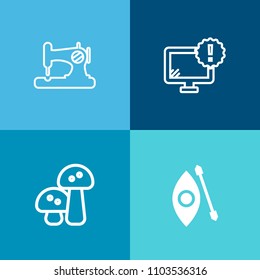 Modern, simple vector icon set on colorful background with canoeing, edible, thread, problem, web, sew, needle, screen, kayak, monitor, virus, tool, computer, craft, warning, fungus, adventure icons