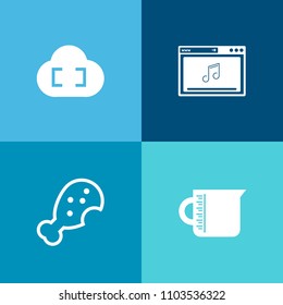 Modern, simple vector icon set on colorful background with web, fast, online, sandwich, meal, music, cloud, measure, glass, utensil, sign, snack, leg, media, meat, container, equipment, network icons