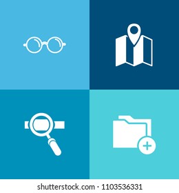 Modern, simple vector icon set on colorful background with spectacles, optimization, paper, modern, pin, sign, office, frame, location, black, file, navigation, view, optical, archive, paperwork icons