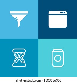 Modern, simple vector icon set on colorful background with replace, countdown, hour, timer, dirty, tin, site, internet, watch, sand, can, maintenance, blank, clean, interface, sign, aluminum icons