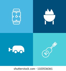 Modern, simple vector icon set on colorful background with grill, barbecue, guitar, music, modern, technology, pram, fire, piano, drum, cooking, kid, string, party, carriage, food, sausage, meat icons