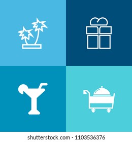 Modern, simple vector icon set on colorful background with summer, box, cocktail, xmas, palm, plate, hotel, service, coconut, surprise, bar, martini, drink, glass, beach, ribbon, plant, liquid icons