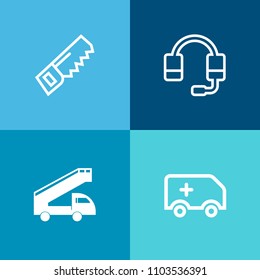 Modern, simple vector icon set on colorful background with tool, support, industry, sound, operator, repair, transport, sign, white, call, headset, construction, headphone, care, drill, truck icons