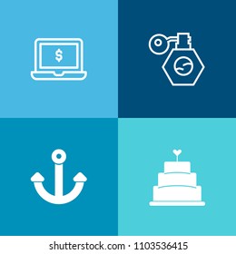 Modern, simple vector icon set on colorful background with cake, container, office, computer, bakery, pump, laptop, naval, perfume, baked, internet, spray, portable, delicious, mobile, steel, pc icons