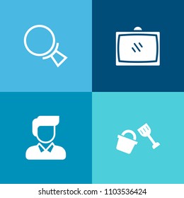 Modern, simple vector icon set on colorful background with room, web, entertainment, white, search, magnify, tv, young, fashion, man, screen, dig, find, technology, bucket, magnifying, remote icons