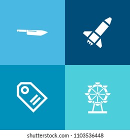 Modern, simple vector icon set on colorful background with park, business, restaurant, tag, fair, shuttle, launch, rocket, circle, travel, speed, metal, cut, retail, technology, ferris, chef icons