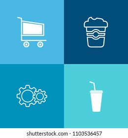 Modern, simple vector icon set on colorful background with cart, sale, commerce, buy, concept, cold, supermarket, mug, latte, action, cafe, man, caffeine, commercial, morning, alcohol, juice icons