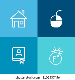 Modern, simple vector icon set on colorful background with equipment, architecture, construction, book, degree, fahrenheit, input, work, pc, home, sign, device, object, residential, office, door icons