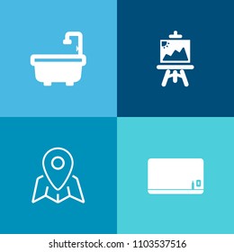 Modern, simple vector icon set on colorful background with bath, artist, frame, black, chalk, school, brush, location, color, male, home, gps, marker, empty, sign, education, art, pin, blank icons