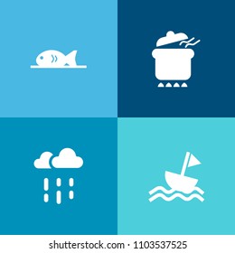 Modern, simple vector icon set on colorful background with diet, boat, raindrop, light, soup, sea, yacht, pizza, chicken, autumn, fish, vegetable, weather, rain, sail, food, nautical, stew, drop icons