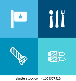 Modern, simple vector icon set on colorful background with burn, power, spoon, danger, shot, cutlery, banner, red, eat, ammo, nation, explosion, table, knife, white, explode, steel, kitchen, war icons
