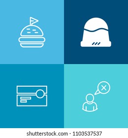 Modern, simple vector icon set on colorful background with sound, clothing, head, uniform, stereo, retro, lunch, connection, wear, technology, blank, audio, object, style, cheese, man, plastic icons
