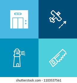 Modern, simple vector icon set on colorful background with collection, lighthouse, silver, construction, beach, office, screwdriver, jet, aircraft, modern, tourism, aviation, saw, repair, wall icons