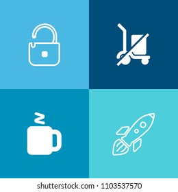 Modern, simple vector icon set on colorful background with pin, spaceship, key, espresso, shuttle, packaging, unlock, scale, stop, send, padlock, astronaut, exploration, rocket, travel, pen, hot icons