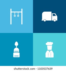 Modern, simple vector icon set on colorful background with cake, chief, van, body, shape, gymnast, exercise, head, silhouette, service, dessert, bakery, food, restaurant, girl, delivery, truck icons