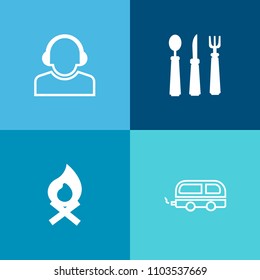 Modern, simple vector icon set on colorful background with kitchen, vehicle, warm, bus, male, technology, support, evening, city, service, camp, trip, fire, dinner, hot, business, woman, fork icons