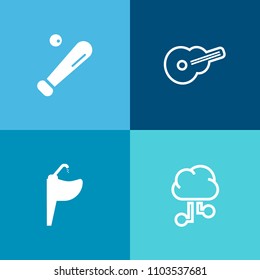 Modern, simple vector icon set on colorful background with computing, musician, musical, communication, chrome, guitar, black, tap, technology, rock, sink, competition, green, hygiene, cloud icons