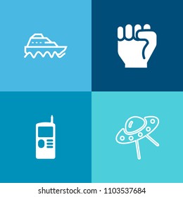 Modern, simple vector icon set on colorful background with invasion, object, light, screen, nautical, spacecraft, connection, mobile, people, water, communication, vessel, arm, technology, robot icons