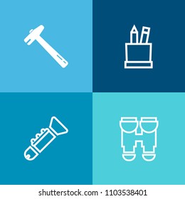 Modern, simple vector icon set on colorful background with tool, repair, search, work, toolbox, pliers, hammer, jazz, trumpet, reflection, watch, pencil, sound, spy, spanner, box, white, office icons