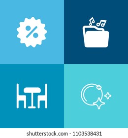 Modern, simple vector icon set on colorful background with special, document, label, video, seat, moon, office, star, promotion, internet, sign, sky, file, light, modern, space, discount, chair icons