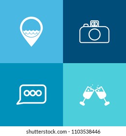 Modern, simple vector icon set on colorful background with web, equipment, digital, film, work, dialog, technology, point, sign, object, drink, beverage, photography, photo, talk, glass, message icons