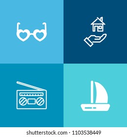 Modern, simple vector icon set on colorful background with white, sunglasses, record, ship, house, real, loan, building, sailboat, media, business, sail, sale, play, apartment, sun, audio, retro icons