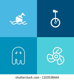 Modern, simple vector icon set on colorful background with horror, heat, equipment, air, collection, scary, bicycle, spooky, fear, belt, ghost, performance, climate, buoy, help, emergency, fan icons