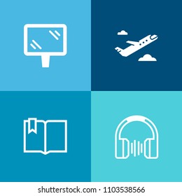 Modern, simple vector icon set on colorful background with element, audio, airplane, listen, transportation, road, street, aviation, music, headphone, flight, city, sign, device, tourism, white icons