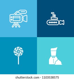 Modern, simple vector icon set on colorful background with deep, media, food, television, movie, restaurant, colorful, dinner, dive, equipment, water, ocean, waiter, camera, professional, candy icons