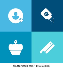 Modern, simple vector icon set on colorful background with profile, white, sign, care, network, cookie, axe, tool, container, hygienic, sweet, talc, add, social, object, person, knife, black icons