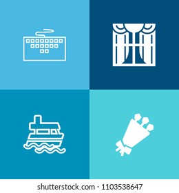 Modern, simple vector icon set on colorful background with beautiful, boat, shipping, decoration, bunch, home, summer, window, information, style, internet, digital, keyboard, apartment, living icons