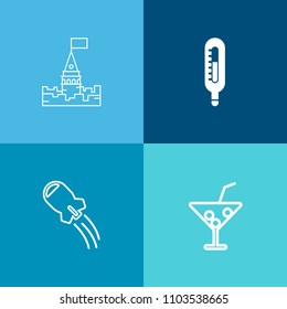 Modern, simple vector icon set on colorful background with building, old, thermometer, heat, hot, alcohol, sign, tower, fantasy, cold, rocket, celsius, royal, fresh, fairytale, kingdom, space icons