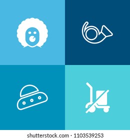 Modern, simple vector icon set on colorful background with packaging, funny, jazz, fantasy, orchestra, shopping, circus, halloween, music, horn, clown, character, plane, technology, ufo, wind icons