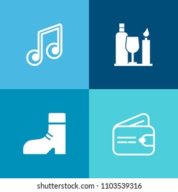 Modern, simple vector icon set on colorful background with alcohol, treble, graphic, clothing, credit, melody, glass, cash, buy, winery, female, payment, restaurant, white, boot, dollar, bottle icons