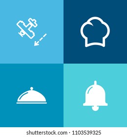 Modern, simple vector icon set on colorful background with commercial, alert, chef, button, call, cooking, tourism, aircraft, chief, sky, air, ring, cook, alarm, jet, hat, dinner, hand, food icons