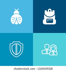 Modern, simple vector icon set on colorful background with safety, female, lady, insect, school, bag, bug, sign, teamwork, corporate, worker, business, summer, education, office, guard, person icons