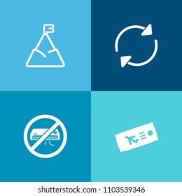Modern, simple vector icon set on colorful background with arrow, airline, business, pass, panorama, button, scenic, rotation, background, landscape, reset, sky, sign, refresh, repeat, ticket icons