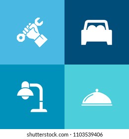Modern, simple vector icon set on colorful background with building, restaurant, dish, menu, food, job, helmet, lunch, worker, vehicle, sign, person, automotive, construction, foreman, business icons