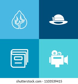 Modern, simple vector icon set on colorful background with white, focus, forest, book, sign, education, movie, object, camera, learning, park, worker, growth, modern, cap, equipment, trunk, film icons