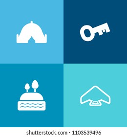 Modern, simple vector icon set on colorful background with tent, sport, cookie, hiking, safe, fly, adventure, landscape, tourism, parachute, leisure, sky, silhouette, sign, sweet, food, nature icons
