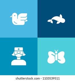 Modern, simple vector icon set on colorful background with emergency, wing, black, fresh, beautiful, fly, fishing, nature, food, white, medical, hospital, medicine, bird, seafood, ocean, doctor icons