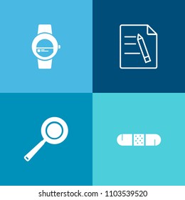 Modern, simple vector icon set on colorful background with hospital, first, mobile, form, paperwork, pen, white, gadget, medicine, dinner, contract, aid, office, clock, internet, health, bandage icons