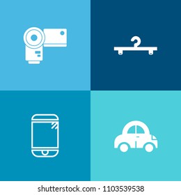 Modern, Simple Vector Icon Set On Colorful Background With Photographer, Car, Mobile, Coat, Shop, Clothing, Road, Cellphone, Film, Hanger, Phone, Photograph, Object, Automotive, Vehicle, Image Icons