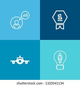 Modern, simple vector icon set on colorful background with competition, idea, professional, online, trip, winner, award, sport, transport, entrepreneur, creative, plane, person, best, place, win icons
