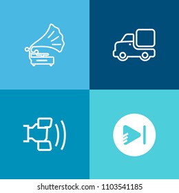 Modern, simple vector icon set on colorful background with retro, music, delivery, sound, button, cellphone, player, video, vintage, telephone, white, song, web, disc, transportation, van, audio icons