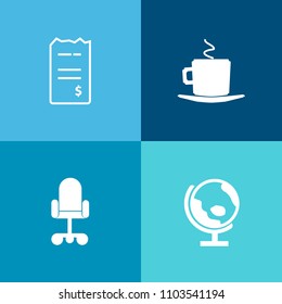 Modern, simple vector icon set on colorful background with receipt, hot, office, credit, pay, money, morning, globe, paper, espresso, mocha, map, world, furniture, travel, modern, document, cash icons