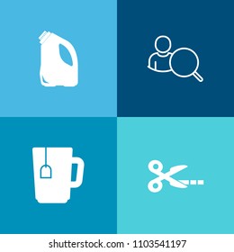 Modern, simple vector icon set on colorful background with recycling, coffee, restaurant, silhouette, application, web, search, website, dustbin, trash, technology, scissors, paper, laptop, cup icons