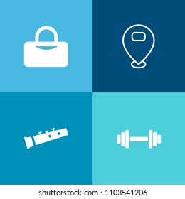 Modern, simple vector icon set on colorful background with sound, health, marker, athletic, gps, object, navigation, play, fitness, button, sport, healthy, dumbbell, direction, pipe, weight, map icons