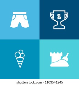 Modern, simple vector icon set on colorful background with clothes, win, sweet, summer, strawberry, achievement, sport, cream, food, best, champion, tower, beach, first, chocolate, travel, shirt icons