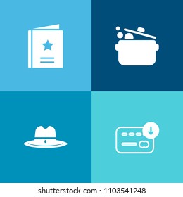 Modern, simple vector icon set on colorful background with food, wealth, cowboy, knife, hat, bag, sheriff, wild, dollar, cook, business, people, kitchen, country, currency, idea, texas, money icons
